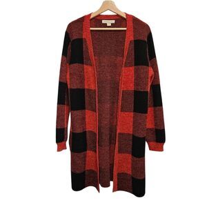 Monteau Plaid Open Front Cardigan Sweater - Red and Black